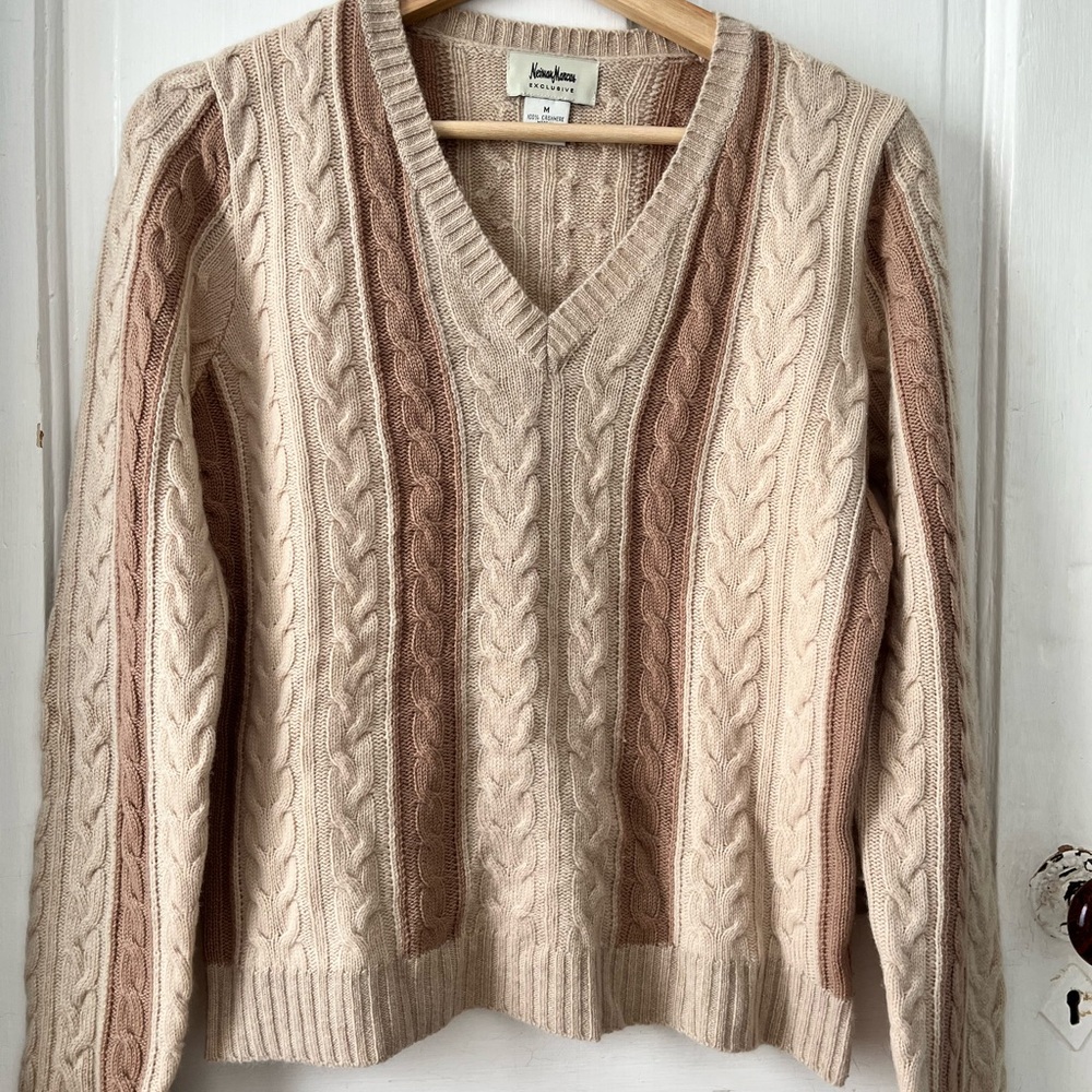 V-Neck Cashmere Cable Knit Sweater - Cream and Tan Neiman Marcus